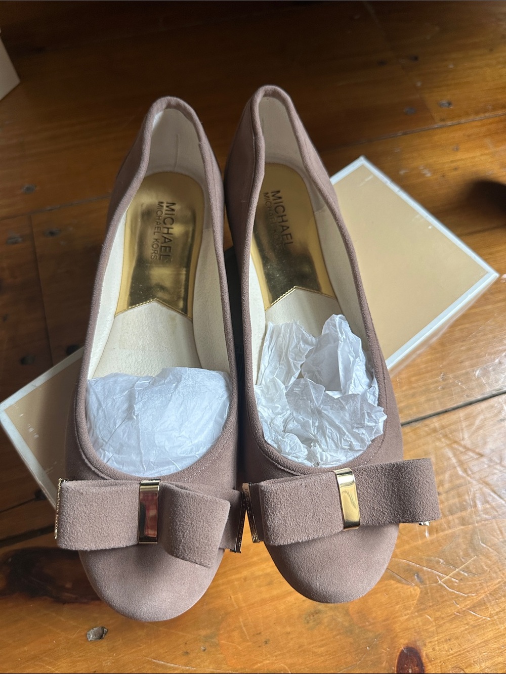 Michael Kors Kiera Taupe Suede Bow Flats with Gold Accent